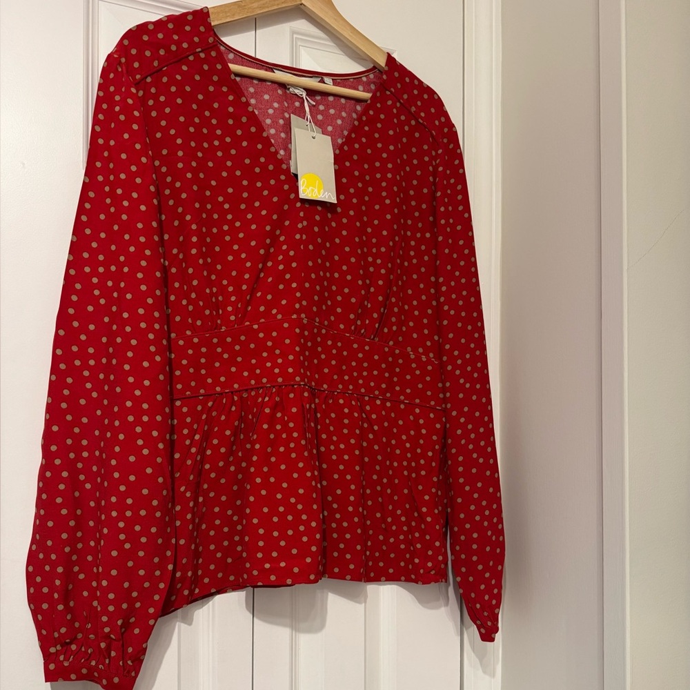 Boden Women's Elsie Shirt Red Polka Dot Long Sleeves V Neck Tan
Blouse Top, 16R
